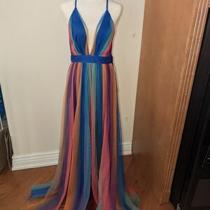 Luxxel Multicolor Rainbow Striped Plunging V-Neck Maxi Dress